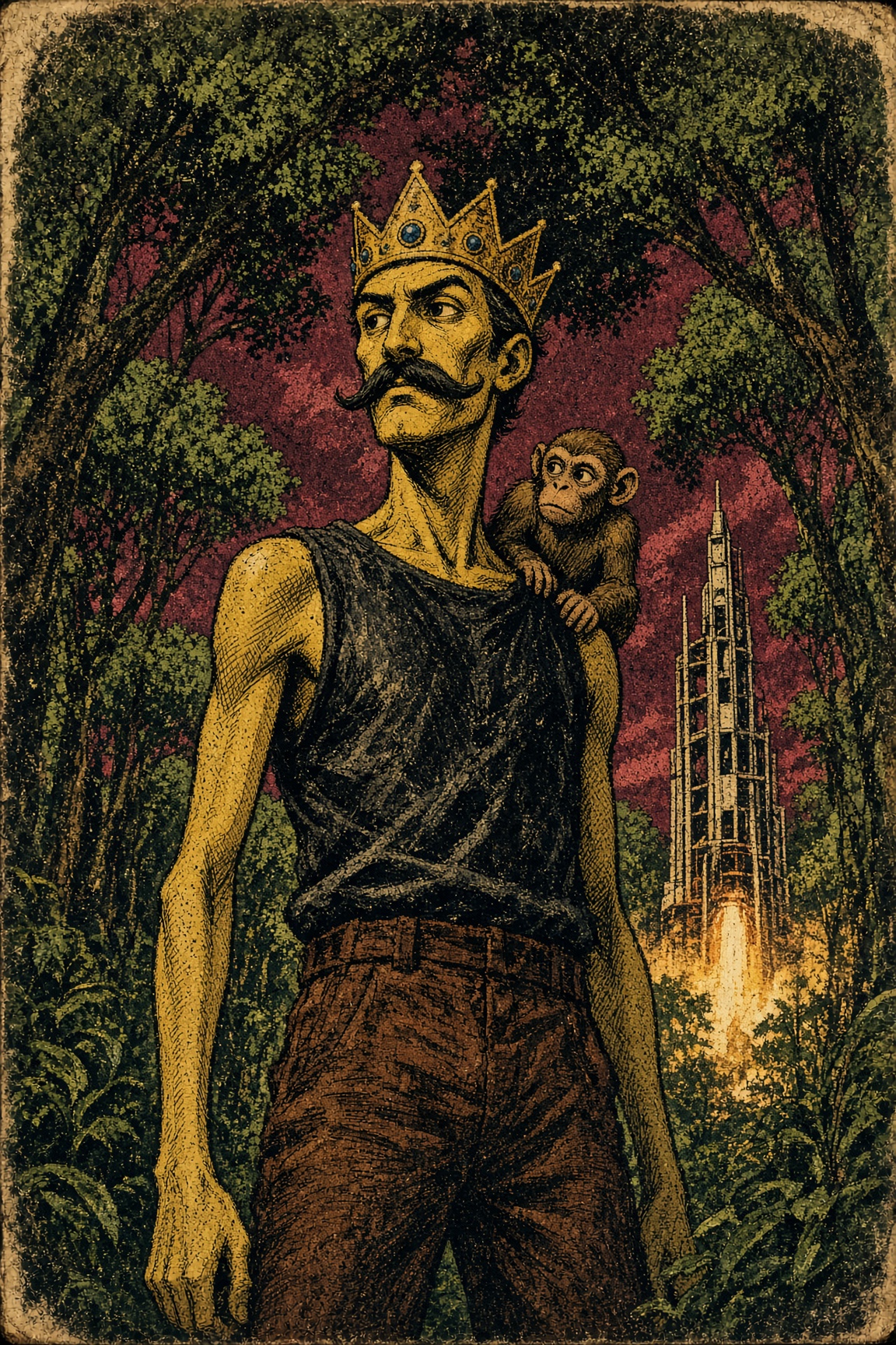 King Crunkey with MooonKey on his shoulder, Dale's boombox at the lunar pad